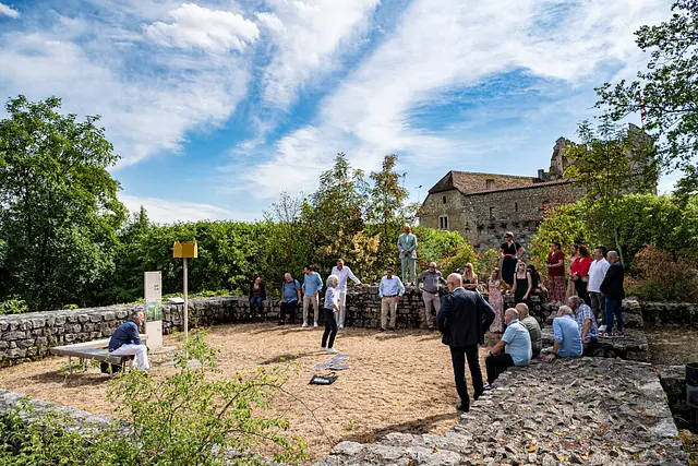 The CORUS team gathered on the wall of Habsburg Castle, the keep behind them under a blue sky.